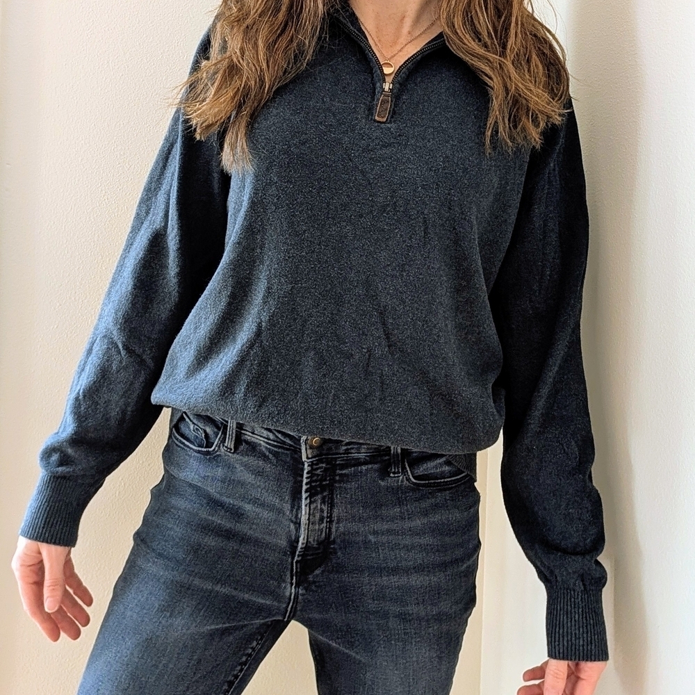Vintage Eddie Bauer Cotton/Cashmere Quarter-Zip Collared Sweater In Dark Gray